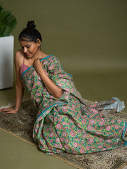 Sanganer Statements. Hand Block Printed Mul Cotton Saree - Green Flora