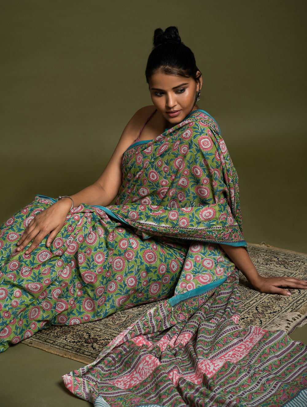 Sanganer Statements. Hand Block Printed Mul Cotton Saree - Green Flora