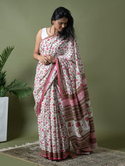 Sanganer Statements. Hand Block Printed Mul Cotton Saree - White Flora