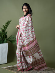 Sanganer Statements. Hand Block Printed Mul Cotton Saree - White Flora