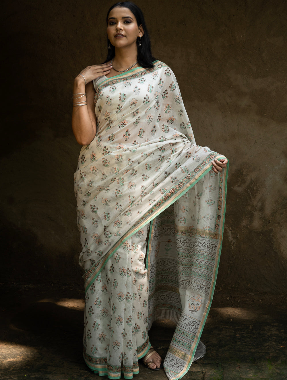 Sanganeri Hand Block Printed Chanderi Saree - Pretty Florals
