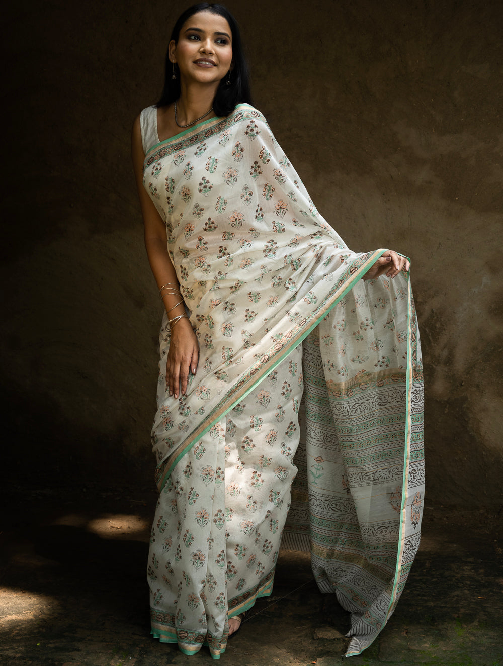 Sanganeri Hand Block Printed Chanderi Saree - Pretty Florals
