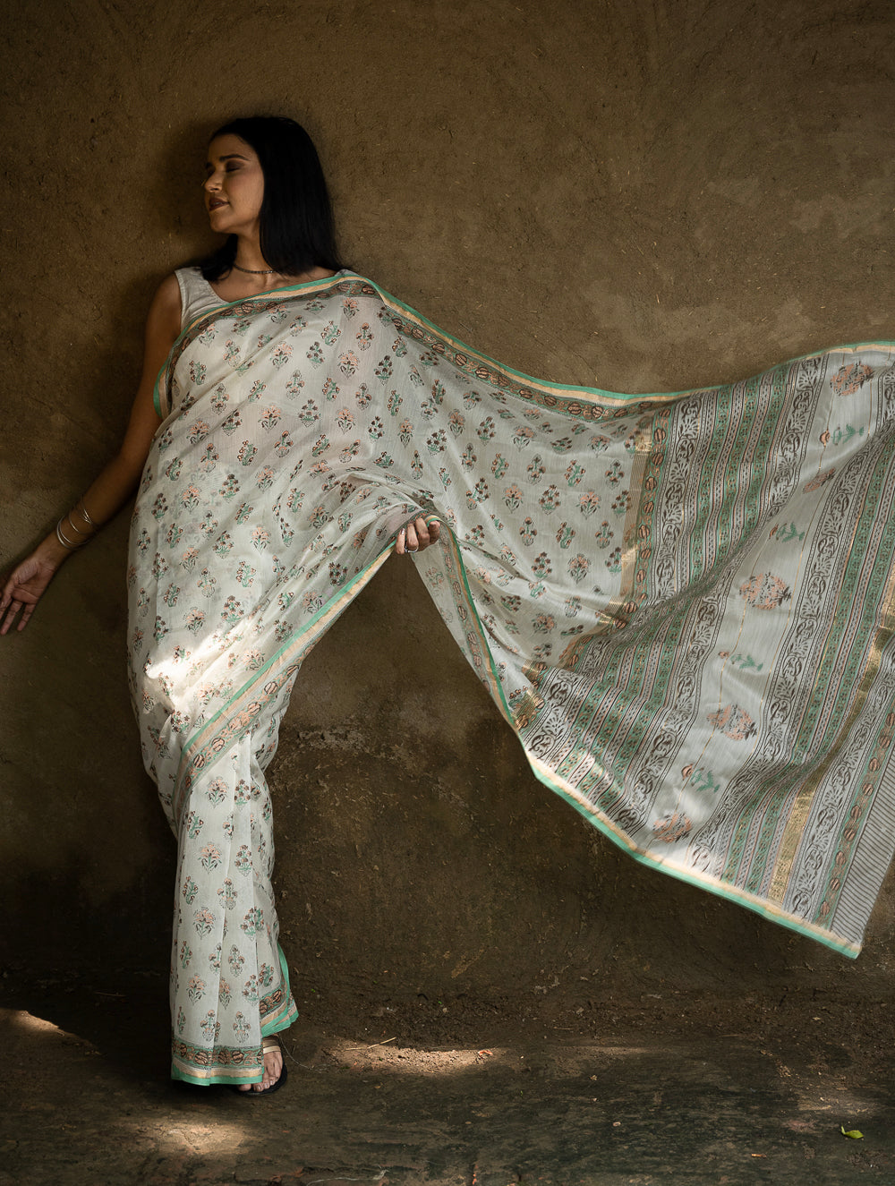 Sanganeri Hand Block Printed Chanderi Saree - Pretty Florals