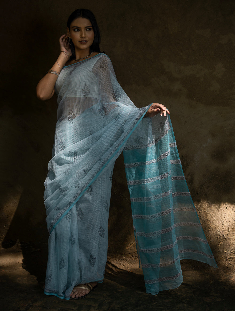 Sanganeri Hand Block Printed Kota Doria Saree - Ocean Moods