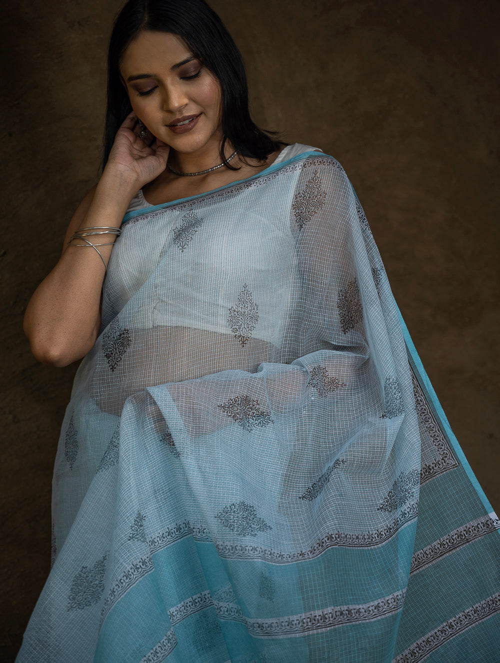 Sanganeri Hand Block Printed Kota Doria Saree - Ocean Moods