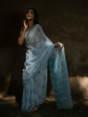 Sanganeri Hand Block Printed Kota Doria Saree - Ocean Moods