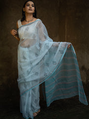Sanganeri Hand Block Printed Kota Doria Saree - Ocean Moods