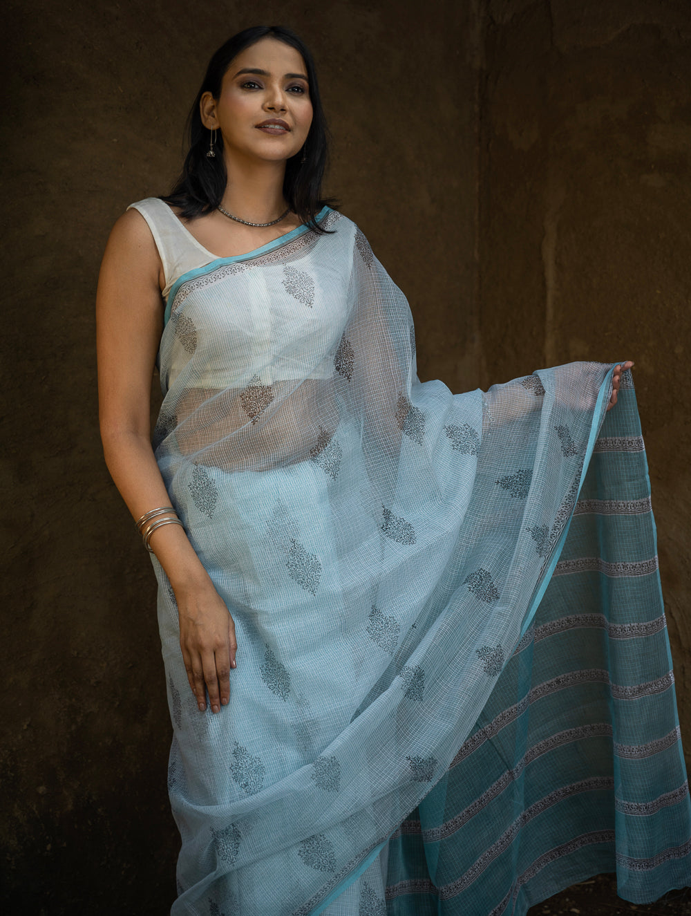 Sanganeri Hand Block Printed Kota Doria Saree - Ocean Moods