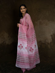 Sanganeri Hand Block Printed Kota Doria Saree - Pink Flora