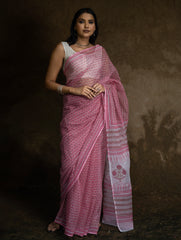 Sanganeri Hand Block Printed Kota Doria Saree - Pink Flora