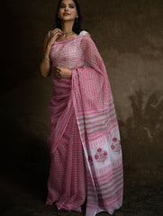 Sanganeri Hand Block Printed Kota Doria Saree - Pink Flora