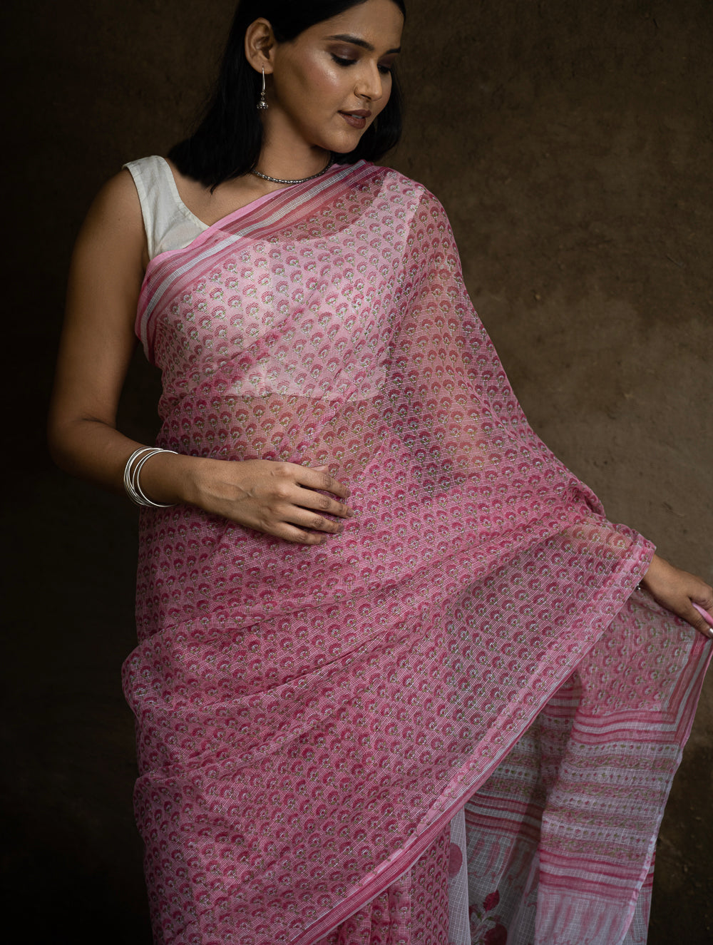 Sanganeri Hand Block Printed Kota Doria Saree - Pink Flora