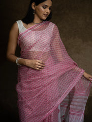 Sanganeri Hand Block Printed Kota Doria Saree - Pink Flora