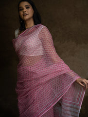 Sanganeri Hand Block Printed Kota Doria Saree - Pink Flora