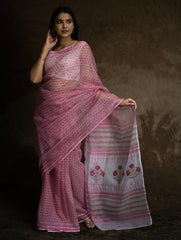 Sanganeri Hand Block Printed Kota Doria Saree - Pink Flora