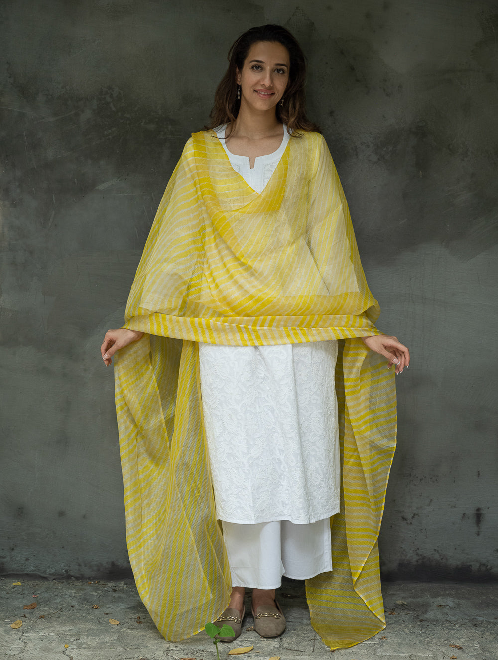 Soft Kota Silk Lehariya Dupatta - Lemon