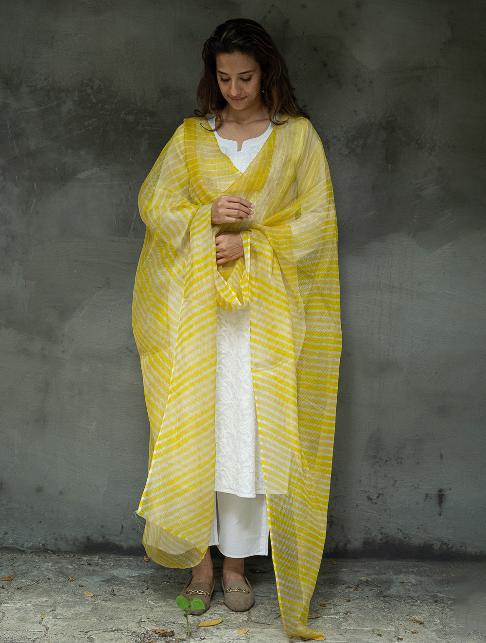 Soft Kota Silk Lehariya Dupatta - Lemon