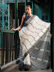 Soft & Light Handwoven Bengal Khadi Cotton Saree - Monochrome Moods
