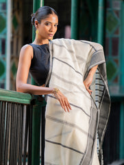 Soft & Light Handwoven Bengal Khadi Cotton Saree - Monochrome Moods