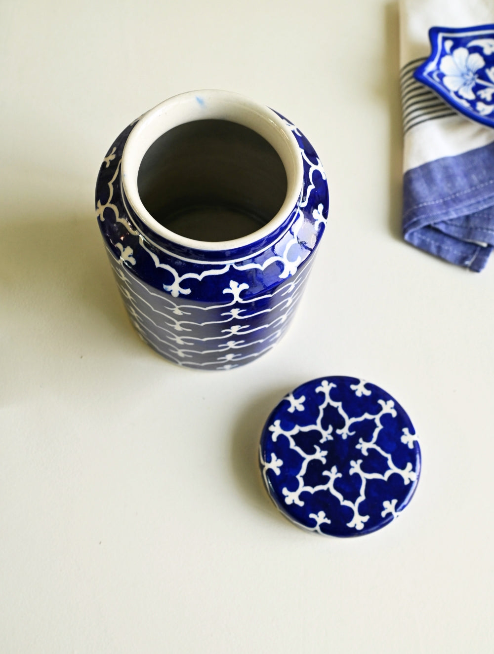 Jaipur Blue Pottery Servingware - Indigo Lattice Storage Jar