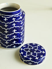 Jaipur Blue Pottery Servingware - Indigo Lattice Storage Jar