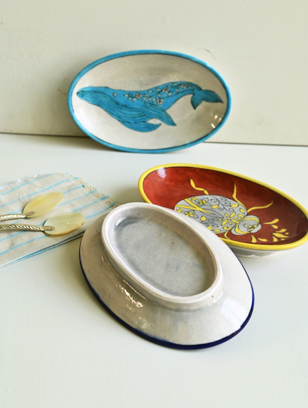Jaipur Blue Pottery Servingware - Beetle and Whale Trio Platters (Set of 3)