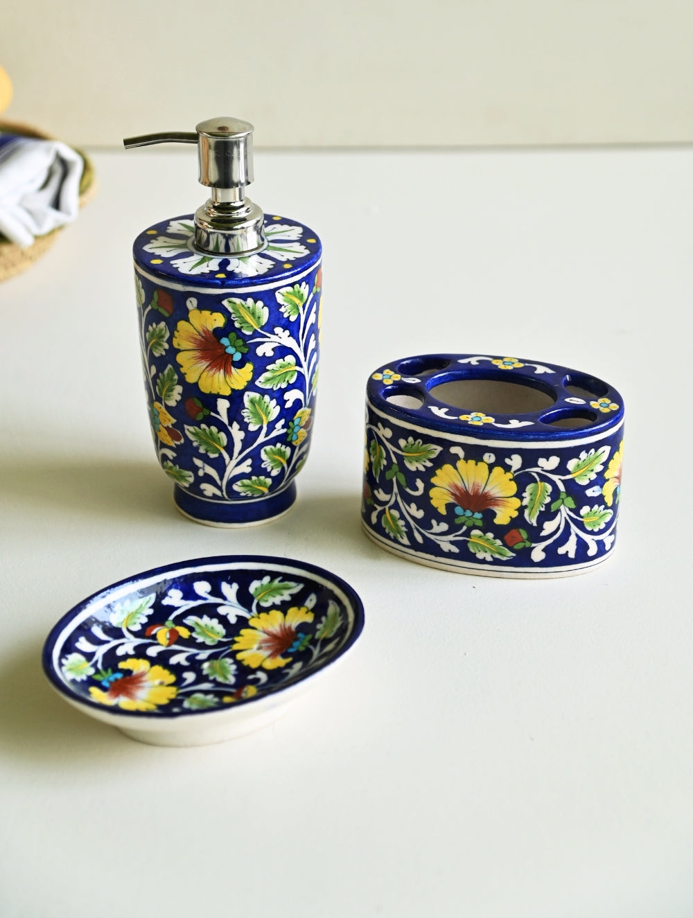 Jaipur Blue Pottery Rest Room Vanity Organisers - Persian Garden (Set of 3)