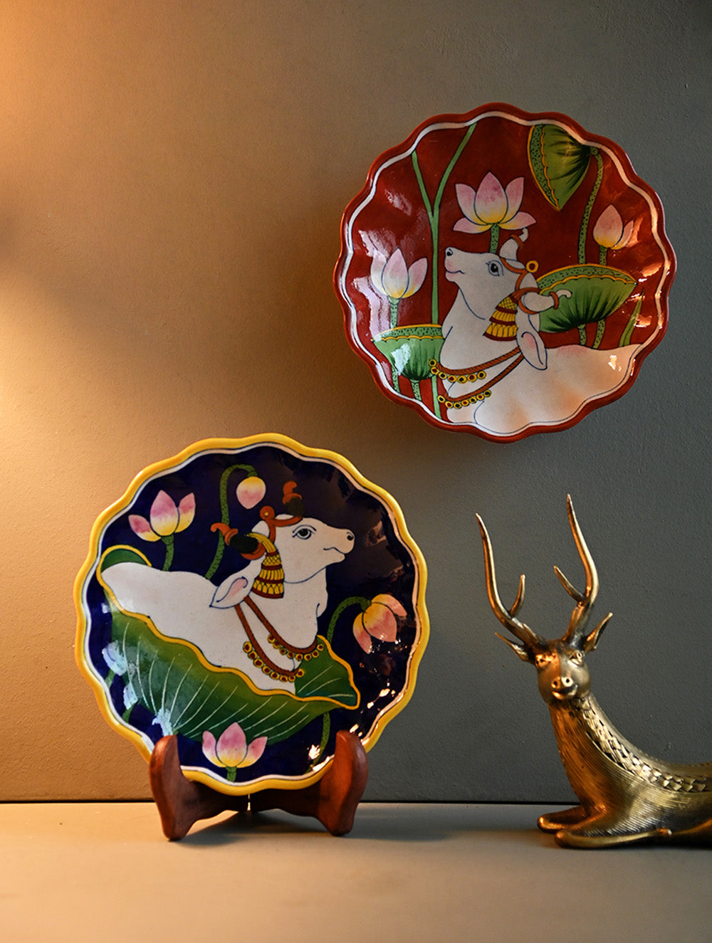 Pichwai Inspired Jaipur Blue Pottery Decorative Plate Set - Narrative in Contrast (Set of 2)