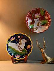 Pichwai Inspired Jaipur Blue Pottery Decorative Plate Set - Narrative in Contrast (Set of 2)