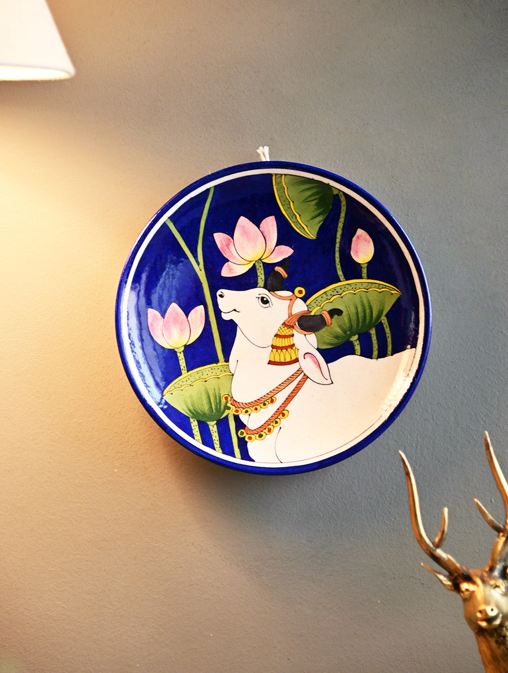 Pichwai Inspired Jaipur Blue Pottery Decorative Plate - Azure Kamdhenu