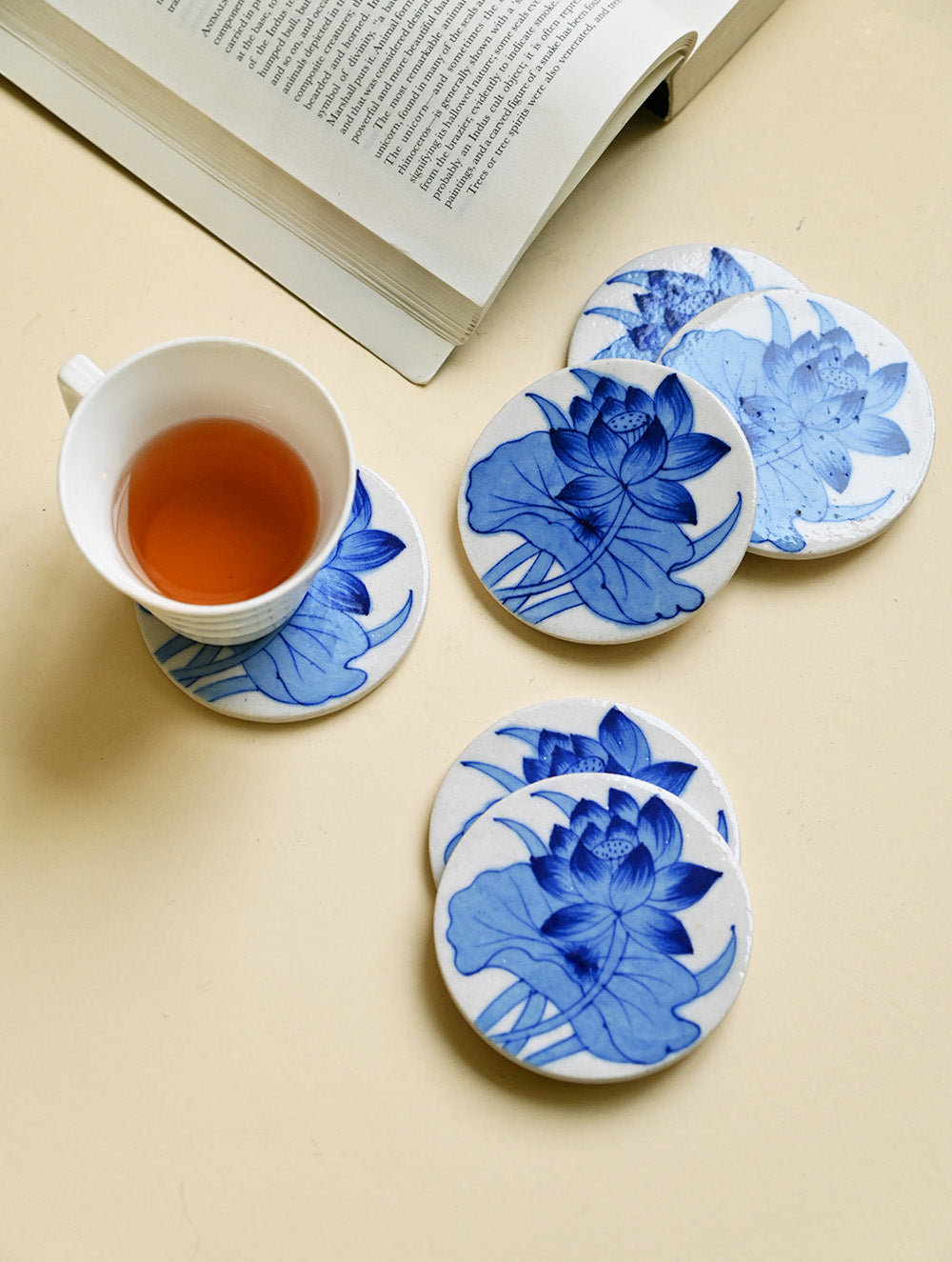 Jaipur Blue Pottery Coaster Set - Lotus Bloom (Set of 6)