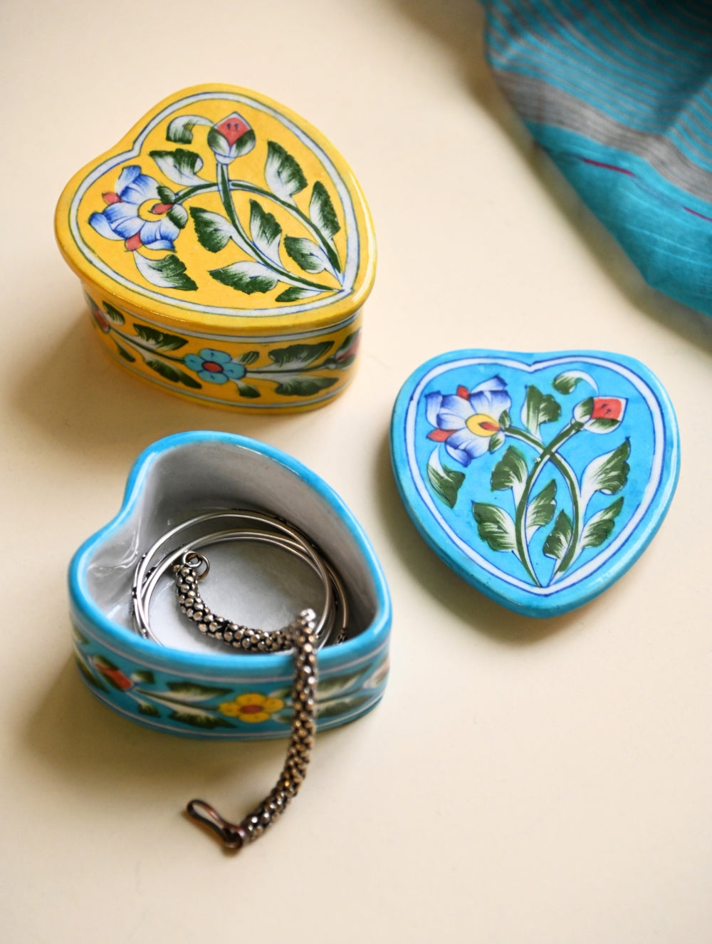 Jaipur Blue Pottery Jewellery Organisers - Bloom Hearts (Set of 2)