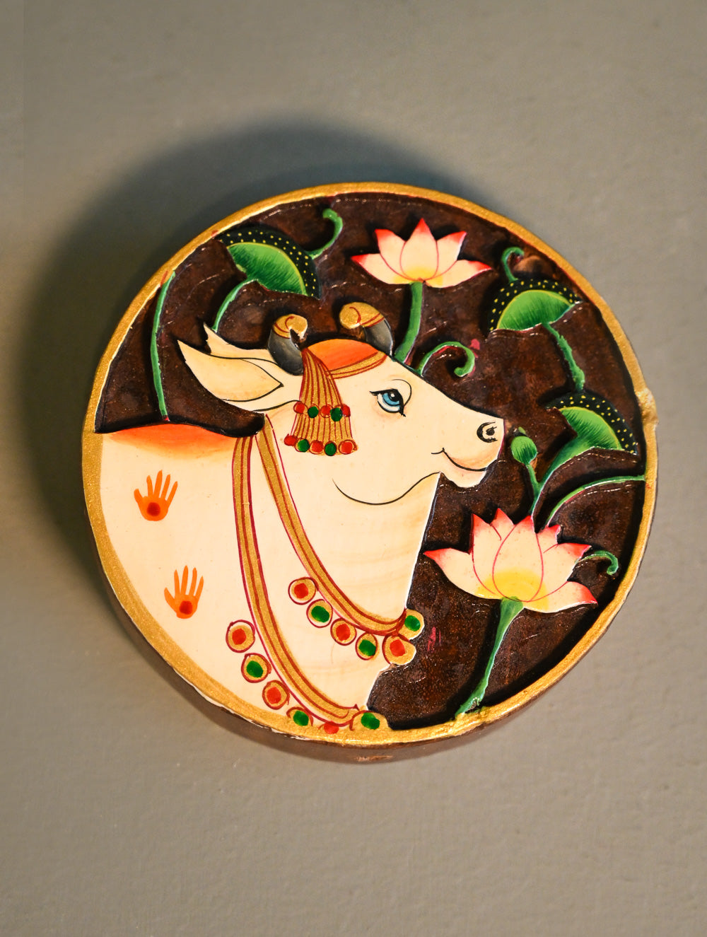 Exclusive Pichwai Carved Collectibles : Hand Engraved Wood Block Curio / Wall Piece - Kamal Gau