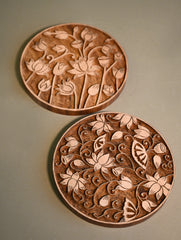 Exclusive Pichwai Carved Collectibles : Fine Hand Engraved Wooden Trivets / Coasters - Kamal Taal (Set of 2)