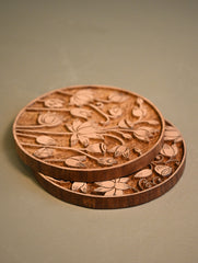 Exclusive Pichwai Carved Collectibles : Fine Hand Engraved Wooden Trivets / Coasters - Kamal Taal (Set of 2)