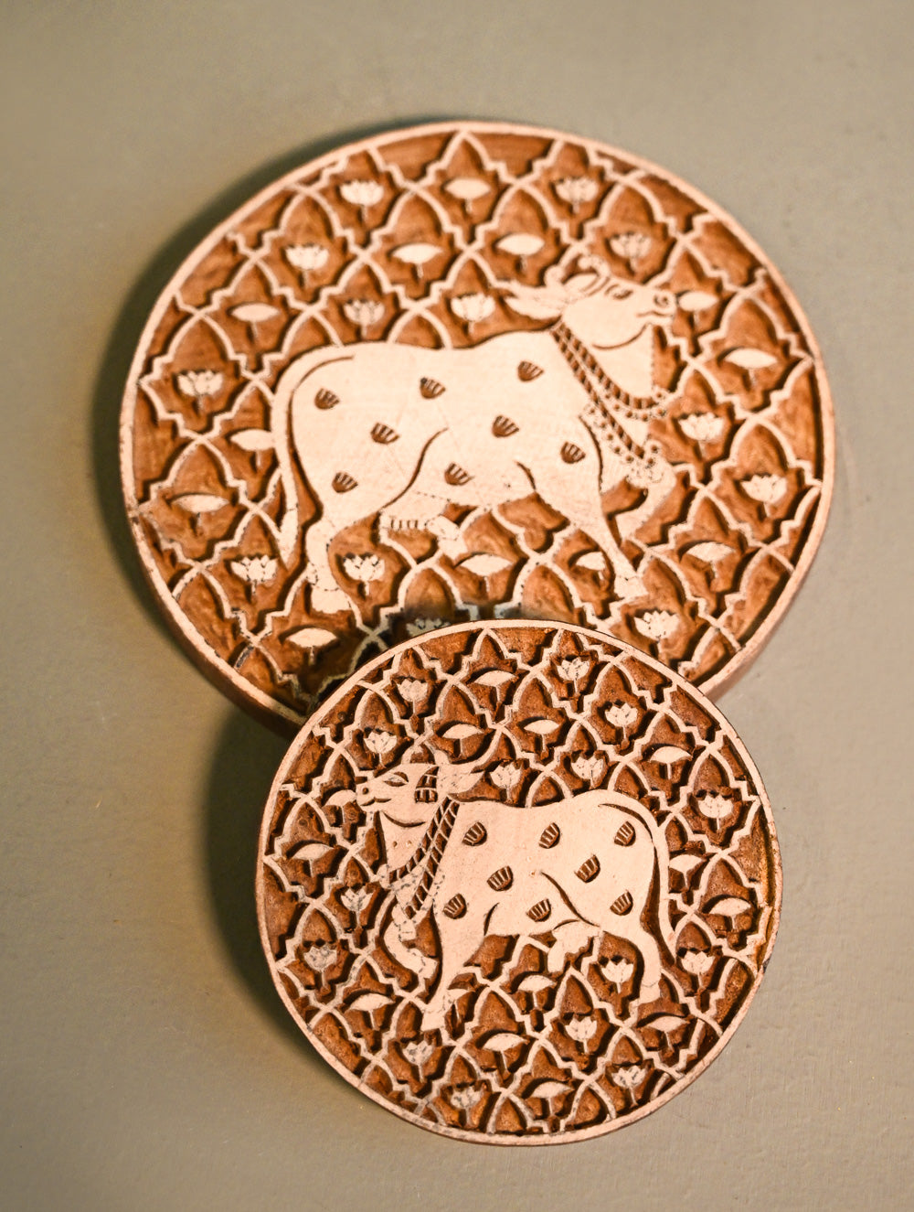 Exclusive Pichwai Carved Collectibles : Fine Hand Engraved Wooden Trivets / Coasters - Gau Jaali (Set of 2)