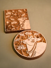 Exclusive Pichwai Carved Collectibles : Fine Hand Engraved Wooden Trivets / Coasters - Vraj Katha (Set of 2)