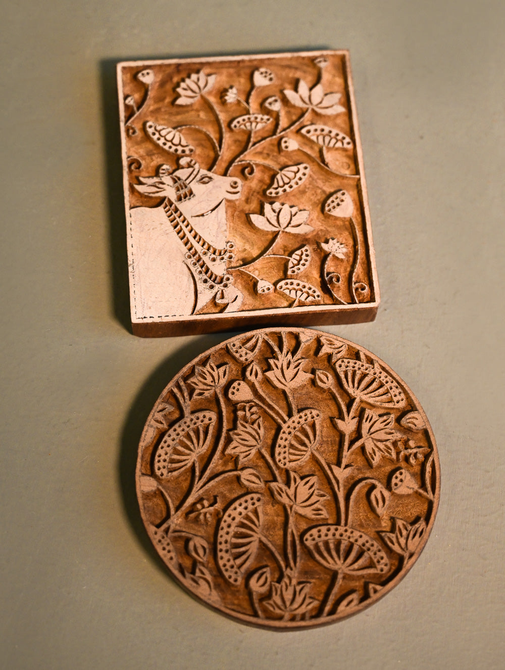 Exclusive Pichwai Carved Collectibles : Fine Hand Engraved Wooden Trivets / Coasters - Van Kamal Ensemble (Set of 2)