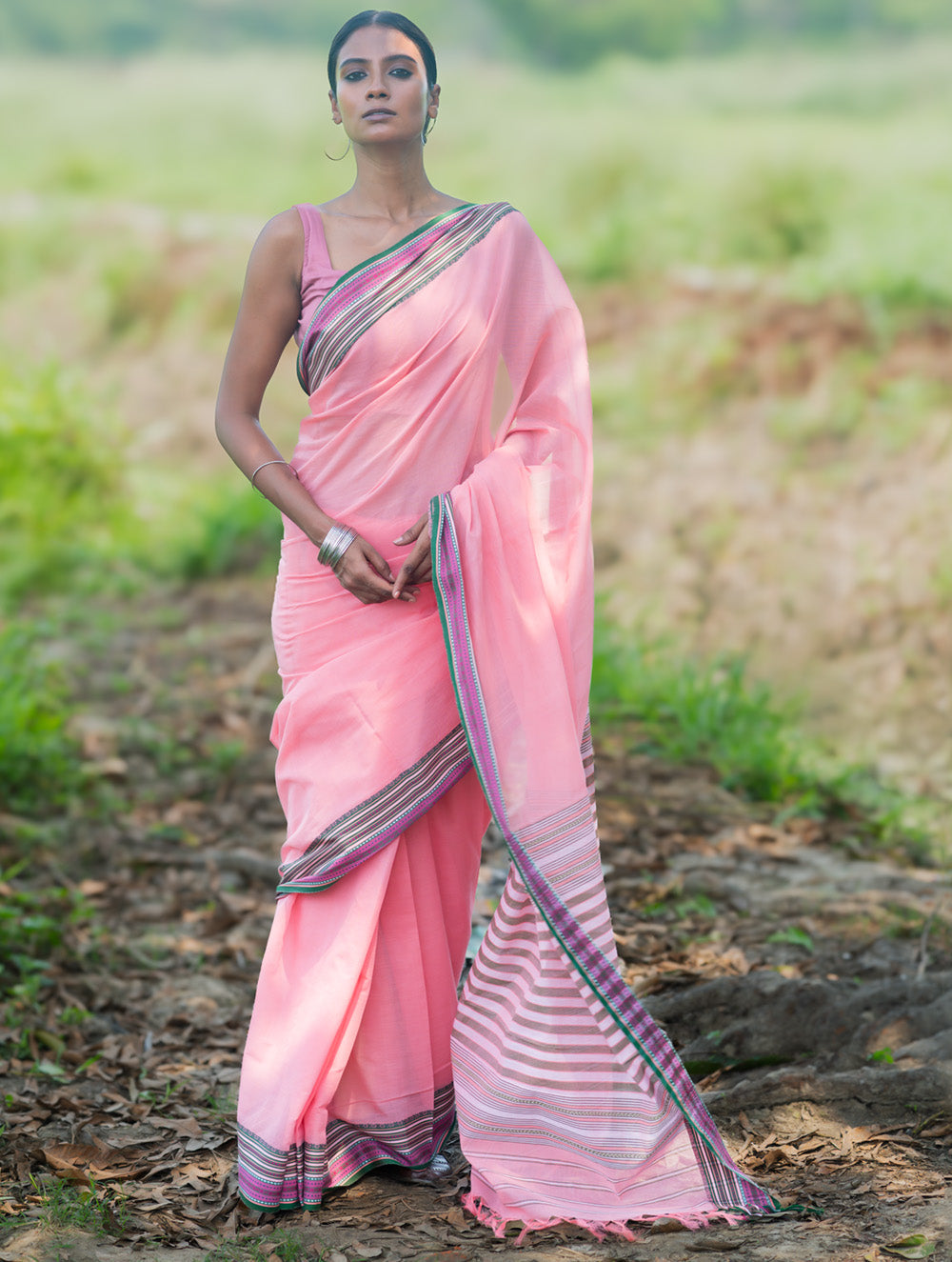 Bengal Weaves. Handwoven Soft Cotton Saree - Blush Meadow