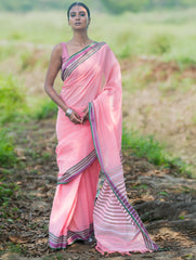 Bengal Weaves. Handwoven Soft Cotton Saree - Blush Meadow