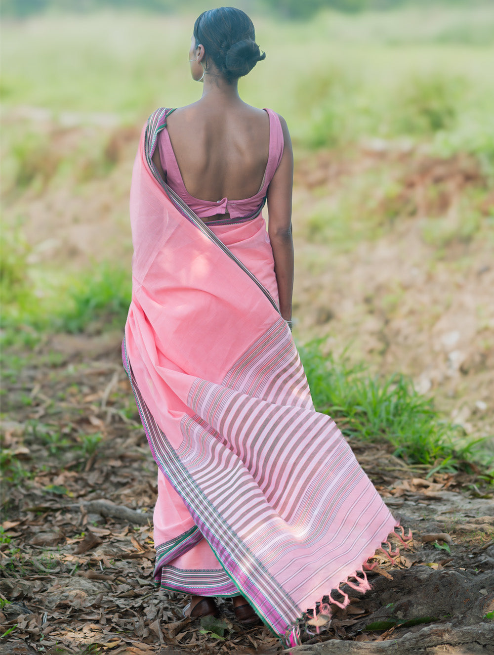 Bengal Weaves. Handwoven Soft Cotton Saree - Blush Meadow