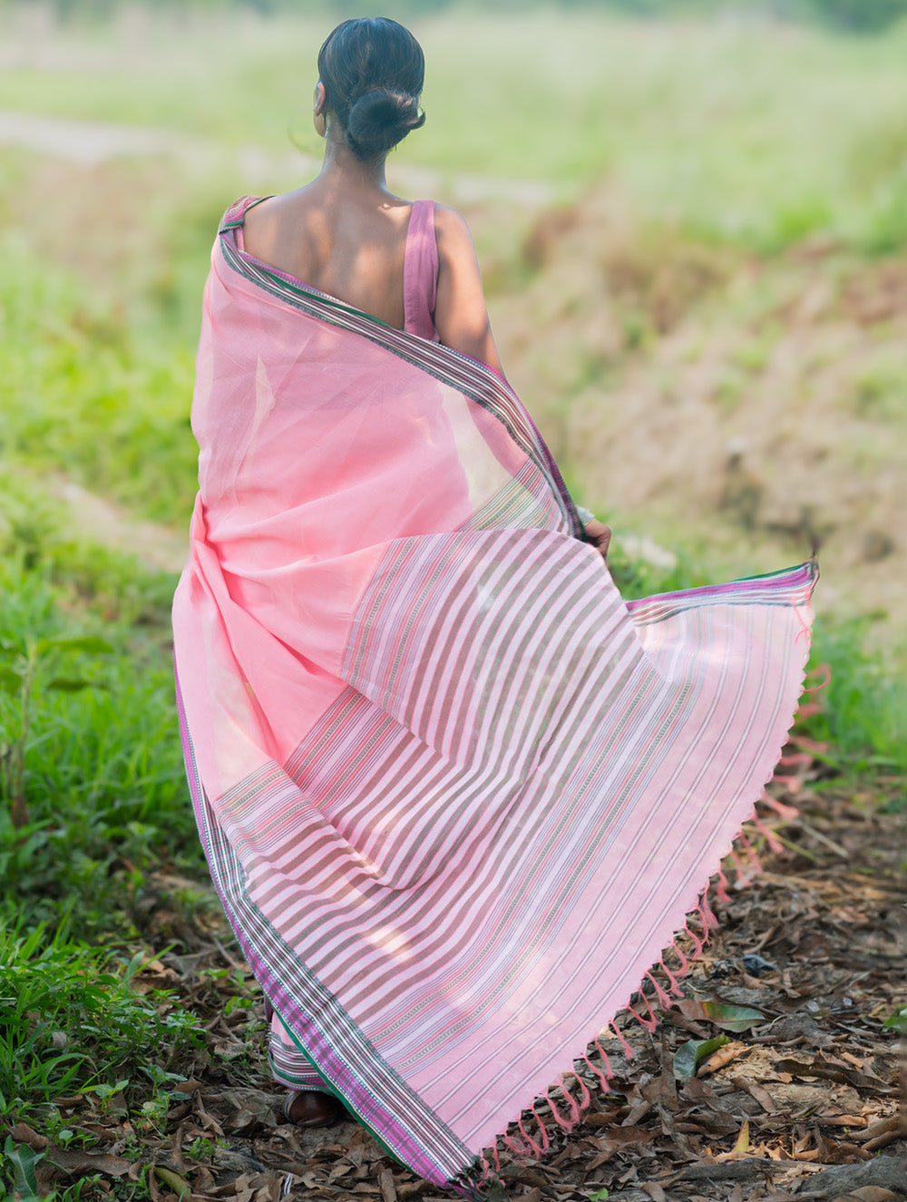 Bengal Weaves. Handwoven Soft Cotton Saree - Blush Meadow