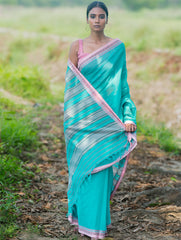 Bengal Weaves. Handwoven Soft Cotton Saree - Lagoon Bloom