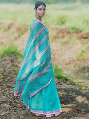 Bengal Weaves. Handwoven Soft Cotton Saree - Lagoon Bloom