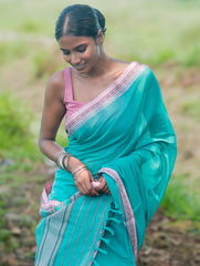 Bengal Weaves. Handwoven Soft Cotton Saree - Lagoon Bloom