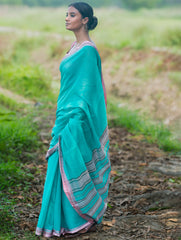 Bengal Weaves. Handwoven Soft Cotton Saree - Lagoon Bloom