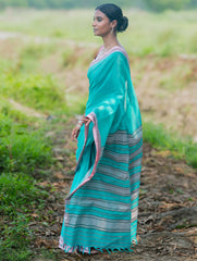 Bengal Weaves. Handwoven Soft Cotton Saree - Lagoon Bloom