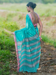 Bengal Weaves. Handwoven Soft Cotton Saree - Lagoon Bloom
