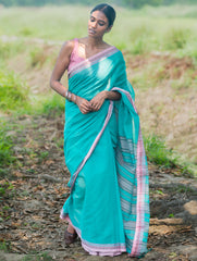 Bengal Weaves. Handwoven Soft Cotton Saree - Lagoon Bloom