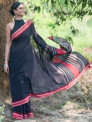 Bengal Weaves. Handwoven Soft Cotton Saree - Midnight Ember